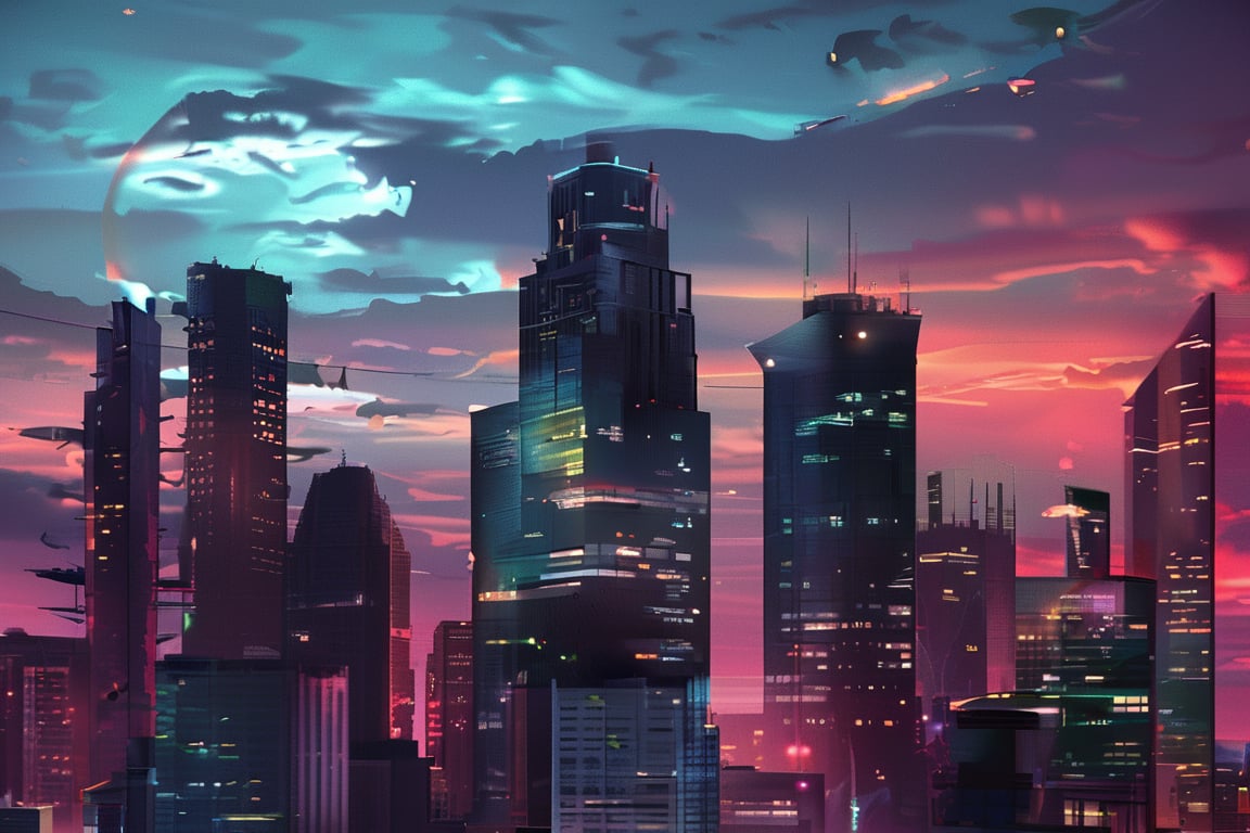 night, cloud lumened by city, bright moon, dark-gray-purple sky; sky scrapers square and rectangular skyscrapers with white frequent square windows, shades of skyscraper windows: dark blue, dark turquoise. The roofs of skyscrapers from dark squares or illuminated with a dim blue border,