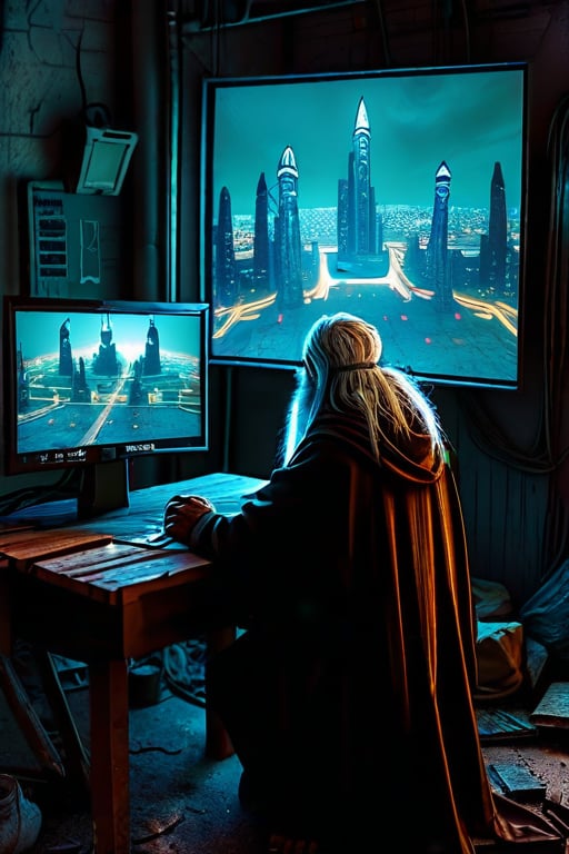 A homeless person who sits at a wooden table in front of a square black monitor and it generates images of a futuristic city, there is a dark system unit on the floor, he has long gray hair with a gray beard of about 55 years old, he is dressed in a dark brown wizard's cape, the environment is a typical homeless person's home, a semi-dump, in the open wall you can see a bright futuristic night city.