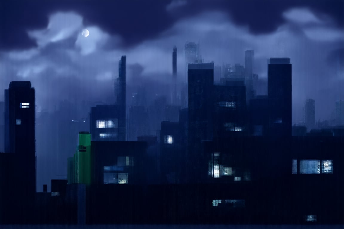 night, cloud lumened by city, bright moon, dark-gray-purple sky; sky scrapers square and rectangular skyscrapers with white frequent square windows, shades of skyscraper windows: dark green, dark turquoise. The roofs of skyscrapers from dark squares or illuminated with a dim blue border,