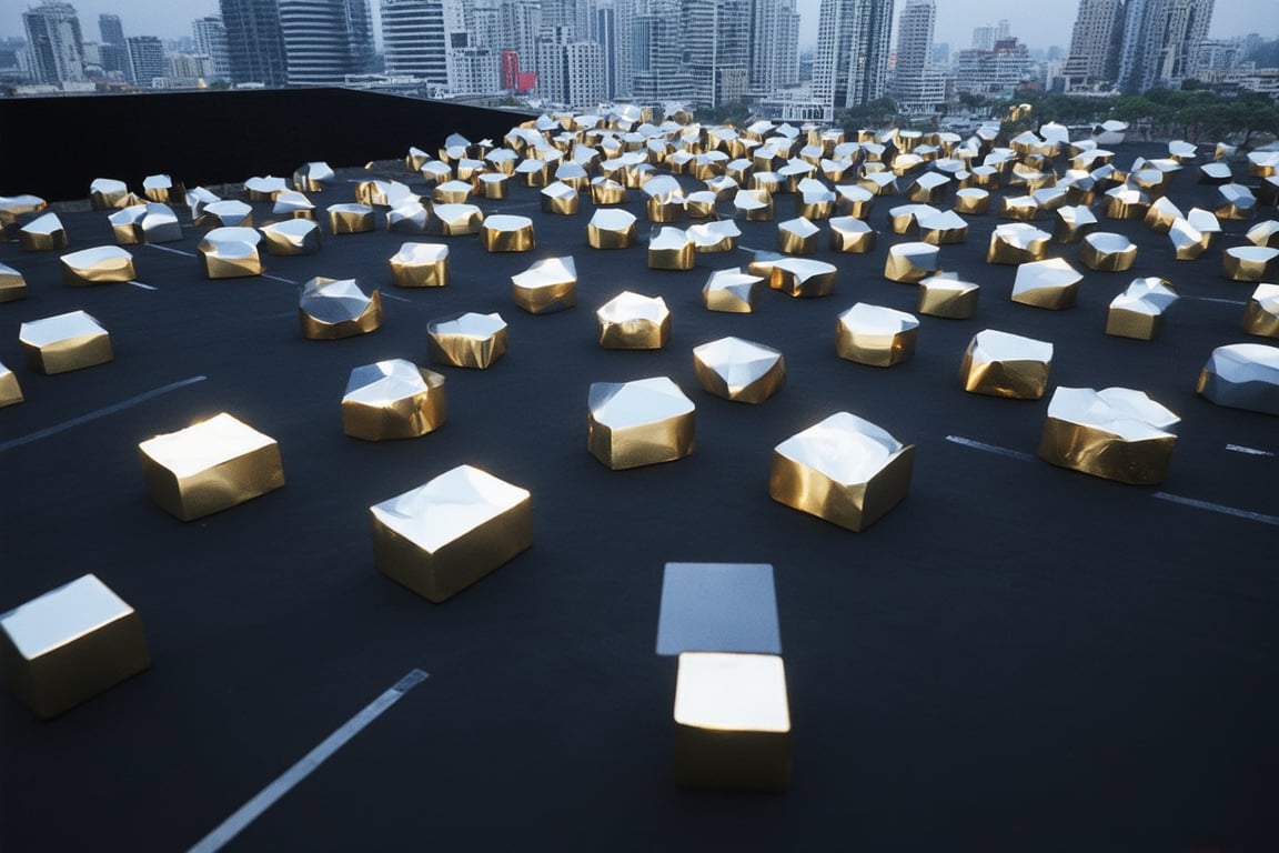 a group of gold square-shaped ornaments on black ground surrounded by gray lines, and gray ornaments with rectangular lines; light bluish gray-light skyscrapers, sometimes with a light greenish tint, with frequent square windows, above two skyscrapers there is a red diode warning aircraft; with a dark gray sky and a clear gray sky illuminated by a bright white-blue moon,