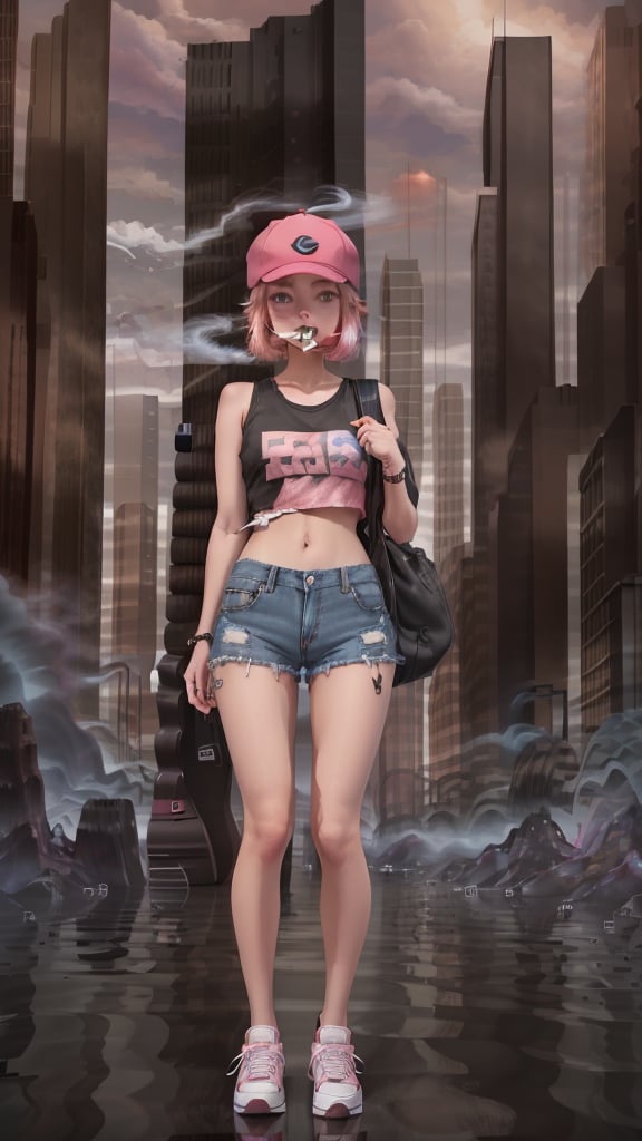 girl with pink shoulder-length hair in a brown cap smoking a vape dressed in denim short black shorts with torn ends and a black T-shirt on her white sneakers, around a futuristic city