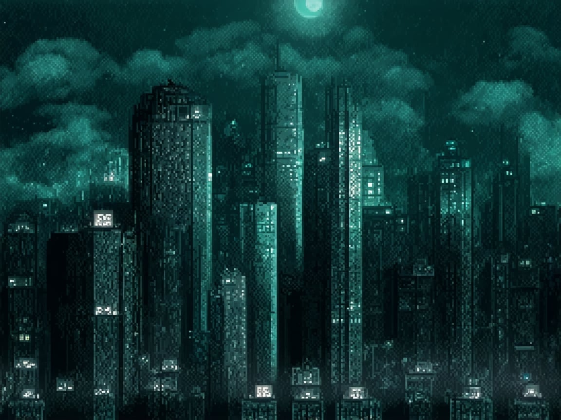 night, cloud lumened by city, bright moon, dark-green sky; sky scrapers square and rectangular skyscrapers with white frequent square windows, shades of skyscraper windows: dark green, dark turquoise. The roofs of skyscrapers from dark squares or illuminated with a dim blue border,