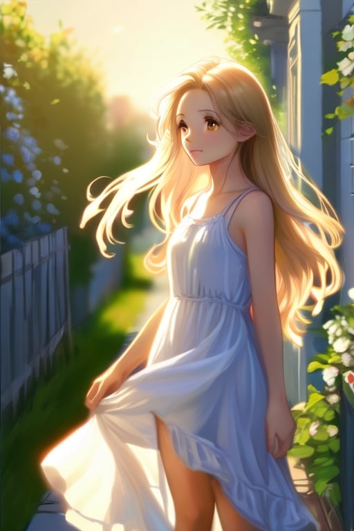 summer, a girl in a light dress with loose hair, linden alley, gentle morning sun, light breeze, blue sky, flowers, photo realism,