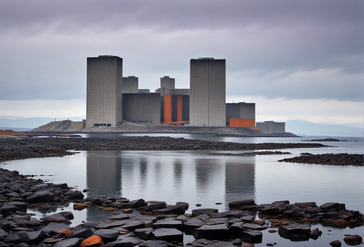 rocky coast without vegetation made of gray stone, gray water reflects, thin rectangular square dark brown skyscrapers with rectangular vertical frequent narrow windows, a cooling tower can be seen on the side on a separate stone island, low gray clouds often seeping through, and a few dark orange ones,
the sky is blue with a hint of purple on the horizon is white