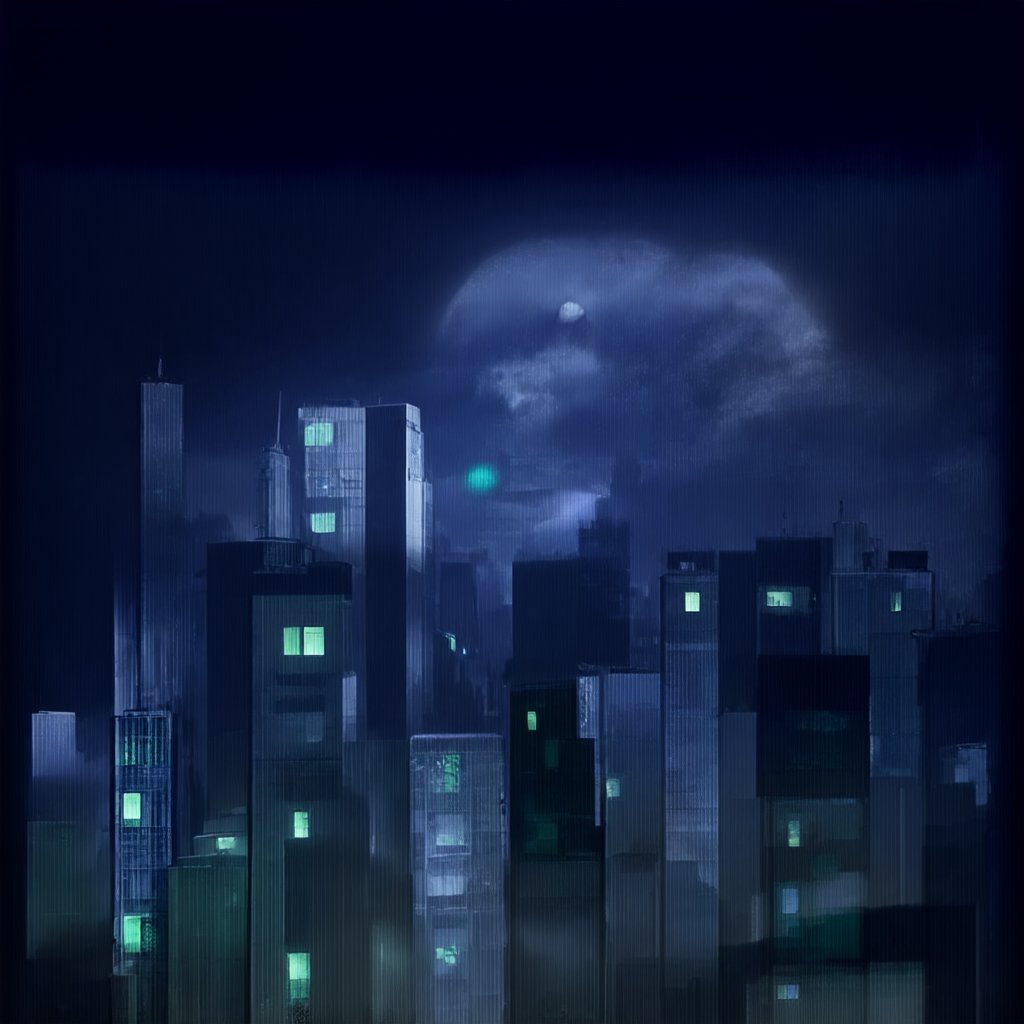 night, cloud lumened by city, bright moon, dark-gray-purple sky; sky scrapers square and rectangular skyscrapers with white frequent square windows, shades of skyscraper windows: dark green, dark turquoise. The roofs of skyscrapers from dark squares or illuminated with a dim blue border,