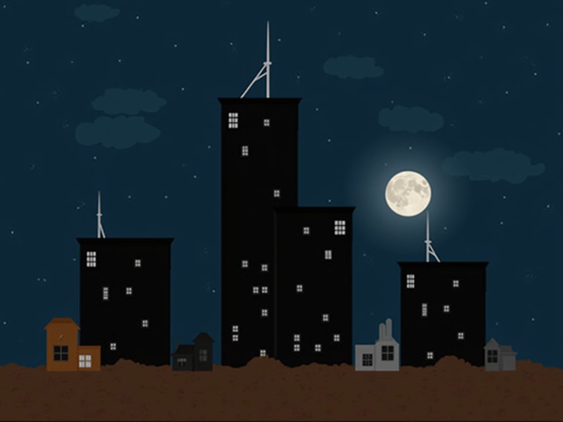 night, dark blue sky with blurry white clouds, full moon, black rectangular skyscrapers with small windows in which white light is visible, metal superstructures are visible at the tops of skyscrapers, brown cubes and a few gray cubes are visible at the base of skyscrapers, the earth is brown mud or clay