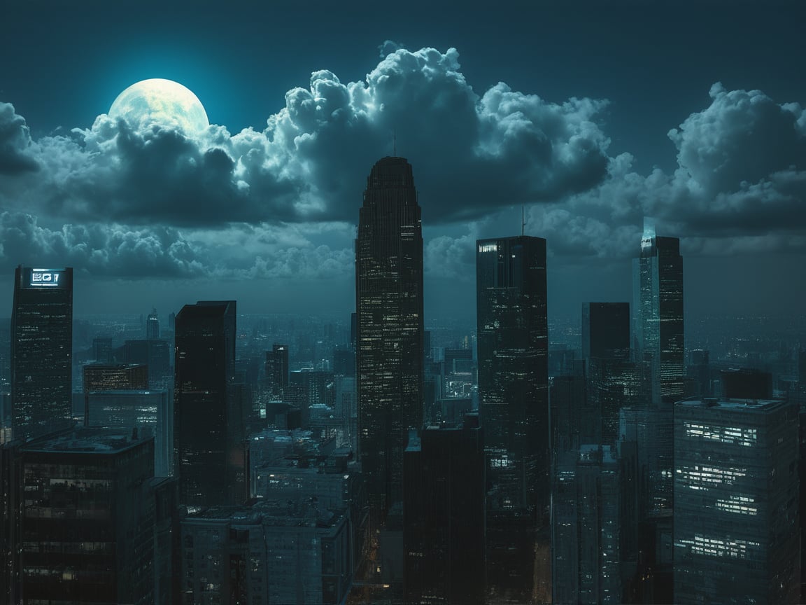 night, cloud lumened by city, bright moon, dark-green sky; sky scrapers square and rectangular skyscrapers with white frequent square windows, shades of skyscraper windows: dark blue, dark turquoise. The roofs of skyscrapers from dark squares or illuminated with a dim blue border,