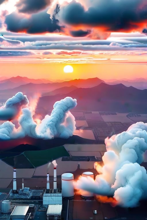 a dense layer of gray clouds illuminated in light rose color from above, a small golden sun, light gray mountains in the distance on the horizon among which power plants and industrial buildings can be seen, closer gray mountains on the horizon among which power plants and industrial buildings can be seen, black mountains on the horizon among which power plants and industrial buildings can be seen,