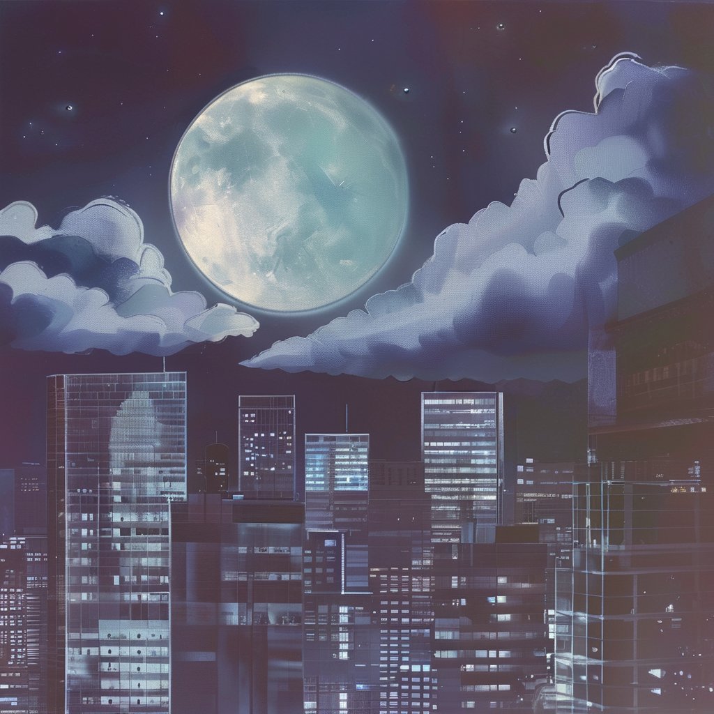 night, cloud lumened by city, bright moon, dark-gray-purple sky; sky scrapers square and rectangular skyscrapers with white frequent square windows, shades of skyscraper windows: dark blue, dark turquoise. The roofs of skyscrapers from dark squares or illuminated with a dim blue border,