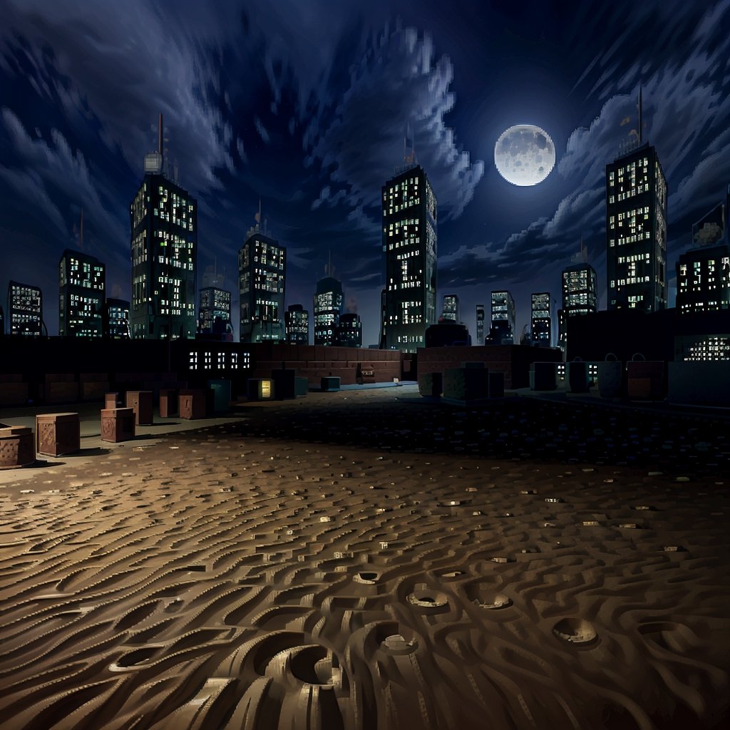 city, night, moon, sky, dirt, sand,