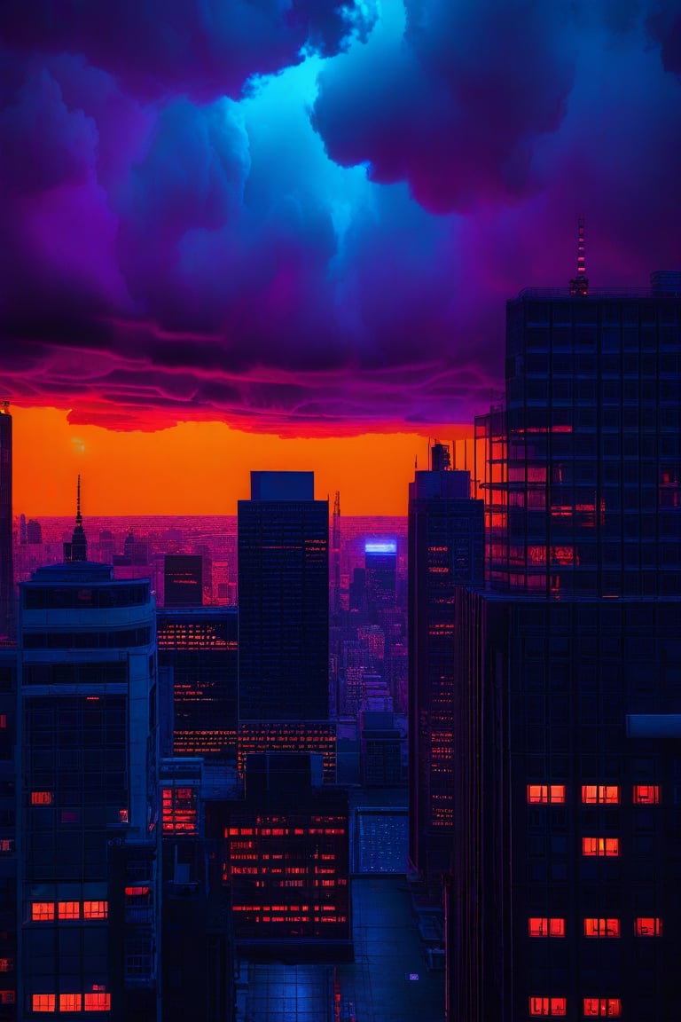 dark orange clouds illuminated by the city, purple sky, square and rectangular skyscrapers with white frequent square windows, shades of skyscraper windows light green, blue, dark blue, dark turquoise. The roofs of skyscrapers from dark squares to squares are illuminated with a dim blue square border, some skyscrapers are topped with red lights in the corners, and a red diode is installed above one skyscraper to warn airplanes.