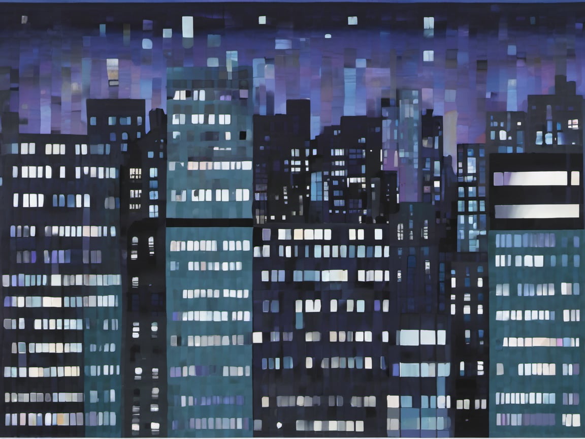 night, cloud lumened by city, bright moon, dark-gray-purple sky; sky scrapers square and rectangular skyscrapers with white frequent square windows, shades of skyscraper windows: dark blue, dark turquoise. The roofs of skyscrapers from dark squares or illuminated with a dim blue border,