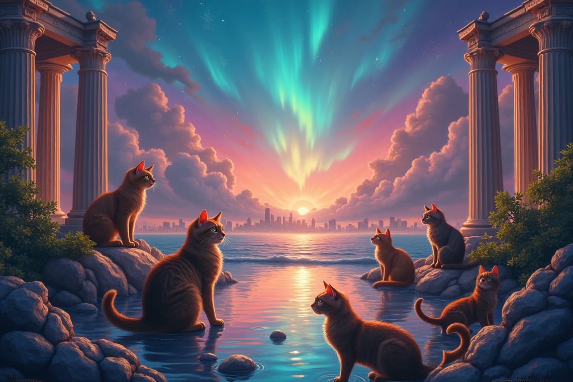 painting of A sky filled with a vibrant aurora borealis illuminating a city with grand columns while cats roam the streets and serpentine creatures swim in the oceans. Style of Cute cats and kittens with a mirror background. rosybrown, chocolate, sandybrown, darkred colors. 8K HD.