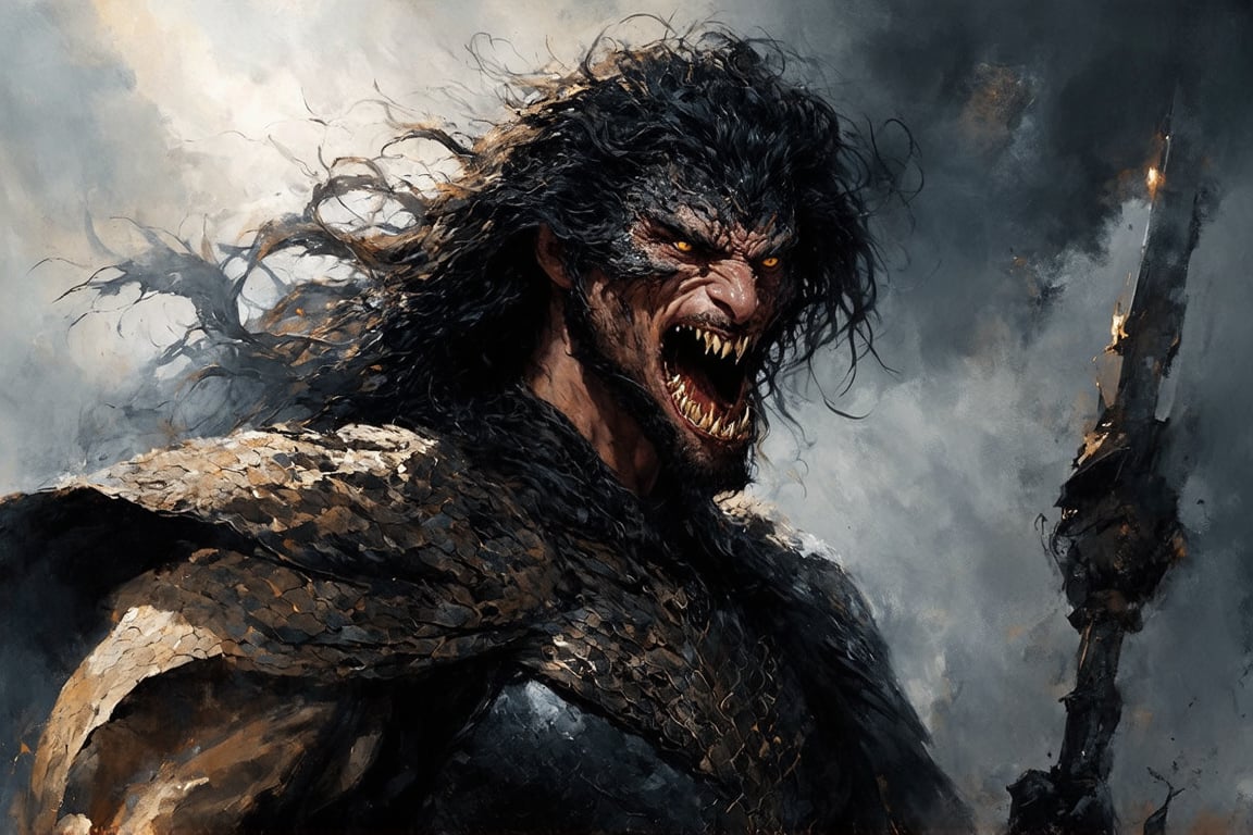 Create a portrait of the main antagonist of the demigod, he has long, flowing hair the color of storm clouds, serpentine creature with scales as black as night, glowing eyes like lightning, and razor-sharp teeth. </br> It is impossible to tell its age or gender as it is a mythological creature. captivating with mystery and at the same time repulsive, from whose gaze your throat dries up and you are speechless, but you can feel his strong spirit and sense of heroism, so that sometimes you don't understand whether he is a villain or a hero in front of you. Style of Medieval fantasy warrior art by Luis Royo. tan, black, tan, blanchedalmond colors. 8K HD.