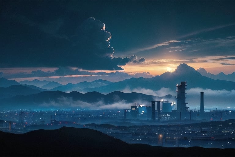 A dense layer of gray clouds illuminated in blue color from above, a small golden sun, light gray mountains in the distance on the horizon among which power plants and industrial buildings can be seen, closer gray mountains on the horizon among which power plants and industrial buildings can be seen, black mountains on the horizon among which power plants and industrial buildings can be seen,