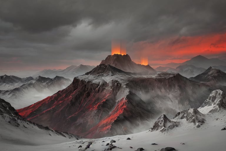 In the foreground, there is a thick layer of gray clouds that fill the sky, casting a dark and ominous mood. These clouds are artistically illuminated in a deep red color from above, creating a striking contrast against the gray backdrop. Centered in the sky is a small but radiant golden sun, its warm glow trying to break through the darkness of the clouds. As your eyes travel further, you notice a series of gray mountains on the horizon. Among these mountains, scattered in the landscape, you can spot power plants and industrial buildings peeking out, their structures adding an element of human intervention to the natural scenery. Some are nestled amidst the closer gray mountains, while others dot the black mountains further away, blending into the rugged terrain. This imagery creates a juxtaposition between the beauty of nature with the harsh realities of industrialization, highlighting the coexistence of natural landscapes and human development in a visually striking way.