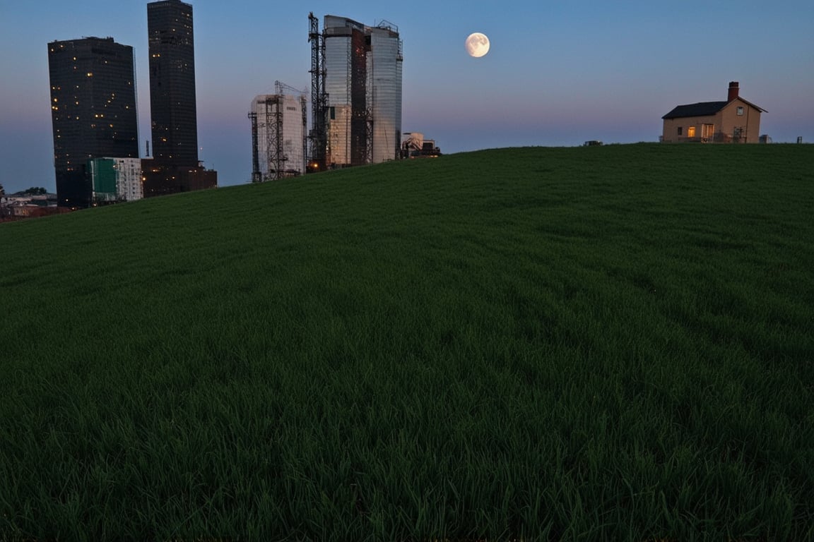 a huge hilly field covered with grass with partially clayey inclusions, green and brown boxes are visible very far away, also behind the hills narrow black skyscrapers with white windows with a yellowish tint are visible, green and brown boxes are visible far away, a dimly lit and dull black building with an orangish glow from sunset, you can see a small white bright advertisement with incomprehensible outlines, black skyscrapers with light yellow windows topped with metal structures standing right in the middle of the field reflect the light of the moon, in the distance you can see small two-story buildings with very small windows and a chimney, a little closer near the skyscrapers you can also see small two-story buildings buildings with very small windows and a chimney, not all skyscrapers are topped with metal structures, the sky on the horizon is from dark red to yellowish which sees off the departing sun, the moon is on the opposite side, the sky is soft blue topped by the moon on the opposite side of the sun, and a few stars, clouds light white very transparent barely visible,