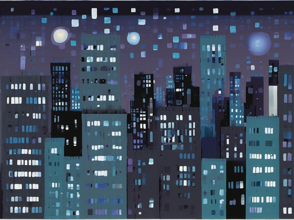 night, cloud lumened by city, bright moon, dark-gray-purple sky; sky scrapers square and rectangular skyscrapers with white frequent square windows, shades of skyscraper windows: dark blue, dark turquoise. The roofs of skyscrapers from dark squares or illuminated with a dim blue border,