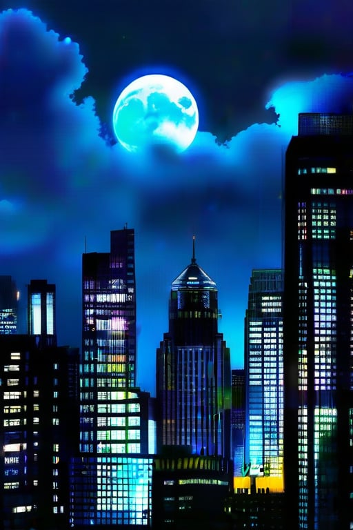 night, cloud lumened by city, bright moon, dark-gray-purple sky; sky scrapers square and rectangular skyscrapers with white frequent square windows, shades of skyscraper windows: dark blue, dark turquoise. The roofs of skyscrapers from dark squares or illuminated with a dim blue border,