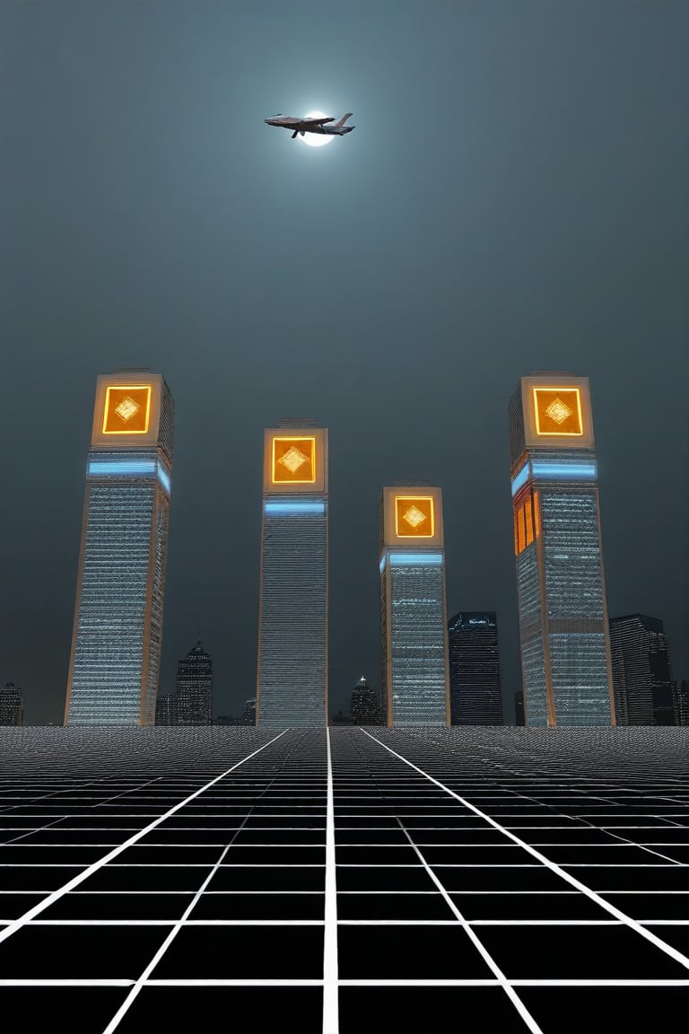 a group of gold square-shaped ornaments on black ground surrounded by gray lines, and gray ornaments with rectangular lines; light bluish gray-light skyscrapers, sometimes with a light greenish tint, with frequent square windows, above two skyscrapers there is a red diode warning aircraft; with a dark gray sky and a clear gray sky illuminated by a bright white-blue moon,