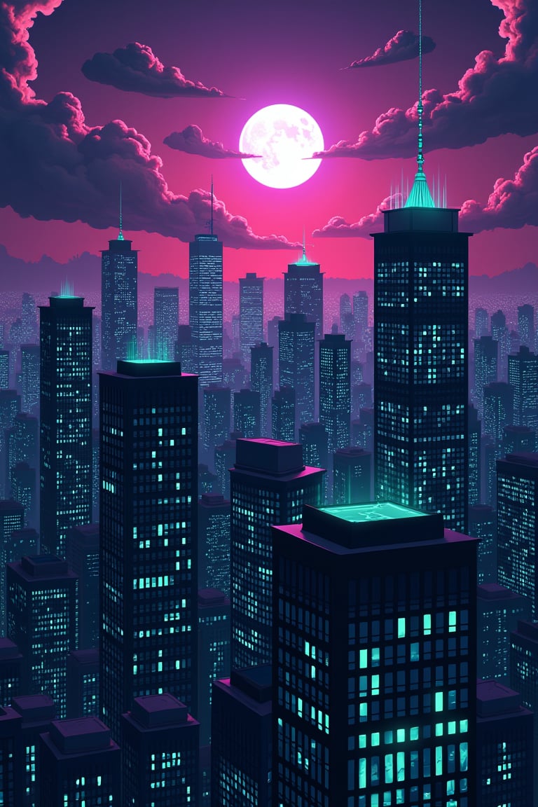 dark orange clouds illuminated by the city, purple sky, bright white moon with violet oreola, square and rectangular skyscrapers with white frequent square windows, shades of skyscraper windows light green, blue, dark blue, dark turquoise. The roofs of skyscrapers from dark squares to squares are illuminated with a dim blue square border, some skyscrapers are topped with diodes.