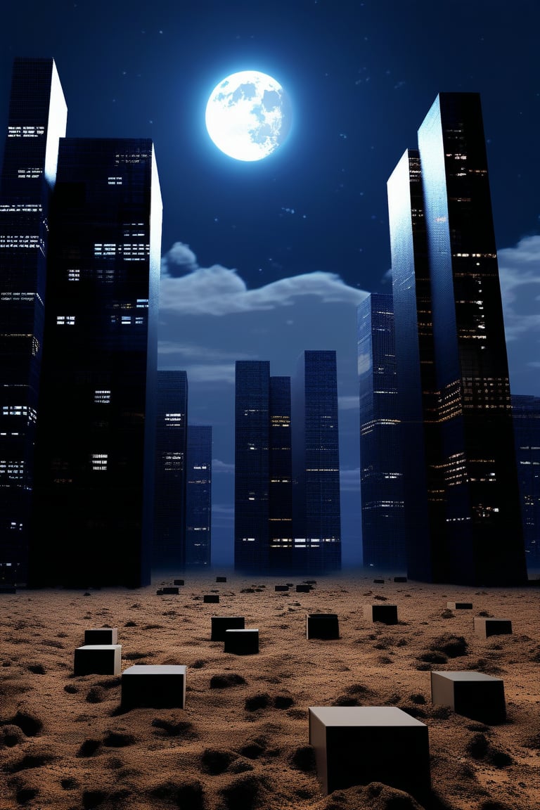 night, dark blue sky with blurry white clouds, full moon, black rectangular skyscrapers with small windows in which white light is visible, metal superstructures are visible at the tops of skyscrapers, brown cubes and a few gray cubes are visible at the base of skyscrapers, the earth is brown mud or clay