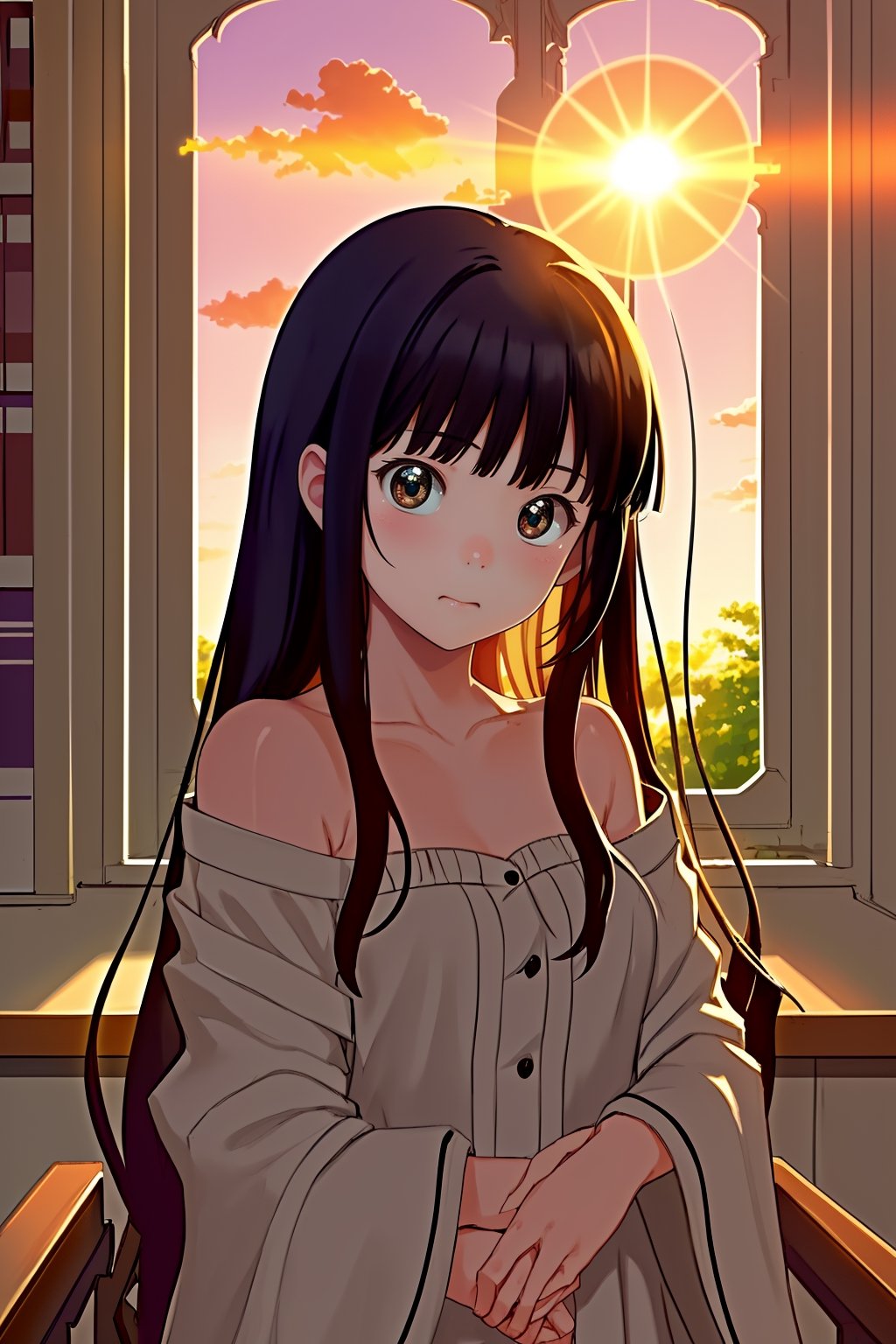 This image showcases the anime girl with bangs and medium-long hair in a school library, bathed in the light of the sun that creates a fusion of morning clarity and sunset charm. The atmosphere is timeless, suggesting that this beautiful day has stepped out of the regular flow of time and feels like it will last forever.