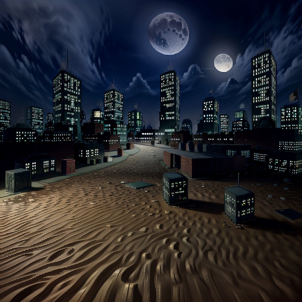 city, night, moon, sky, sand,