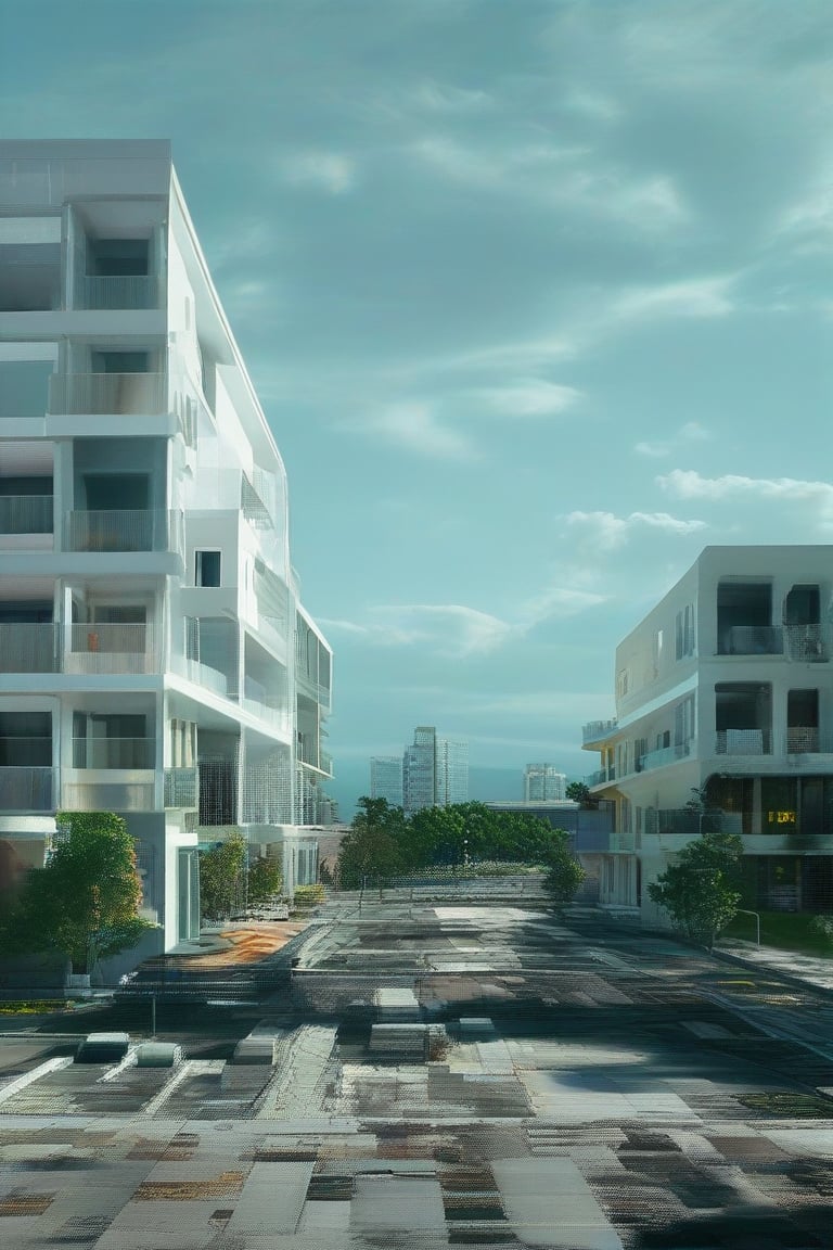 a huge empty asphalt square in the distance one can see massive but not tall rectangular white buildings with narrow black windows, nearby there are smaller rectangular buildings made of brick with square windows and a concrete canopy on the roof, next to them there are not tall trees, a white rectangular building with white edging and large windows, near the buildings you can also see small brick extensions without windows, just in the distance and as if in miniature you can see rectangular buildings with wide large rectangular black windows and white buildings lower but wide with very small black square windows, next to different rare trees are visible behind the buildings, behind all the buildings the yellow sun rises, but it does not dazzle and seems to be in a haze, but all this is as if in the distance and creates the opportunity to examine it all as a whole, and the viewer stands in the middle of perfectly smooth asphalt