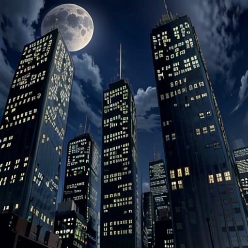 night, dark blue sky with blurry white clouds, full moon, black rectangular skyscrapers with small windows in which white light is visible, metal superstructures are visible at the tops of skyscrapers, brown cubes and a few gray cubes are visible at the base of skyscrapers, the earth is brown mud or clay, far focus, twinkling windows and stars, brilliant coloring, crispy quality, vray; Pixar, ; HD, HDR, SF, CGSociety, 16k, photorealistic, unreal engine