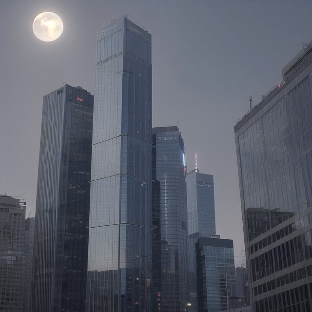 light bluish gray-light skyscrapers sometimes with a light greenish tint with frequent square windows, above two skyscrapers a red diode warning aircraft; with a dark gray sky and a light gray sky illuminated by a bright white-blue moon,