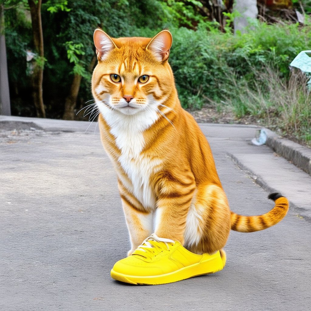 Wow, that's one majestic cat! It's almost like a tiger and a domestic cat had a super cool fusion. wearing yellow sneakers And about that '110', maybe it's part of a top-secret feline mission?