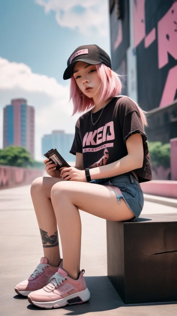 girl with pink shoulder-length hair in a brown cap smoking a vape dressed in denim short black shorts with torn ends and a black T-shirt on her white sneakers, around a futuristic city