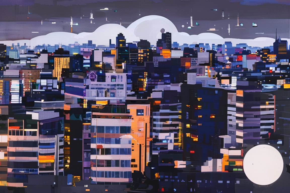 night, cloud lumened by city, bright moon, dark-gray-purple sky; sky scrapers square and rectangular skyscrapers with white frequent square windows, shades of skyscraper windows: dark blue, dark turquoise. The roofs of skyscrapers from dark squares or illuminated with a dim blue border,