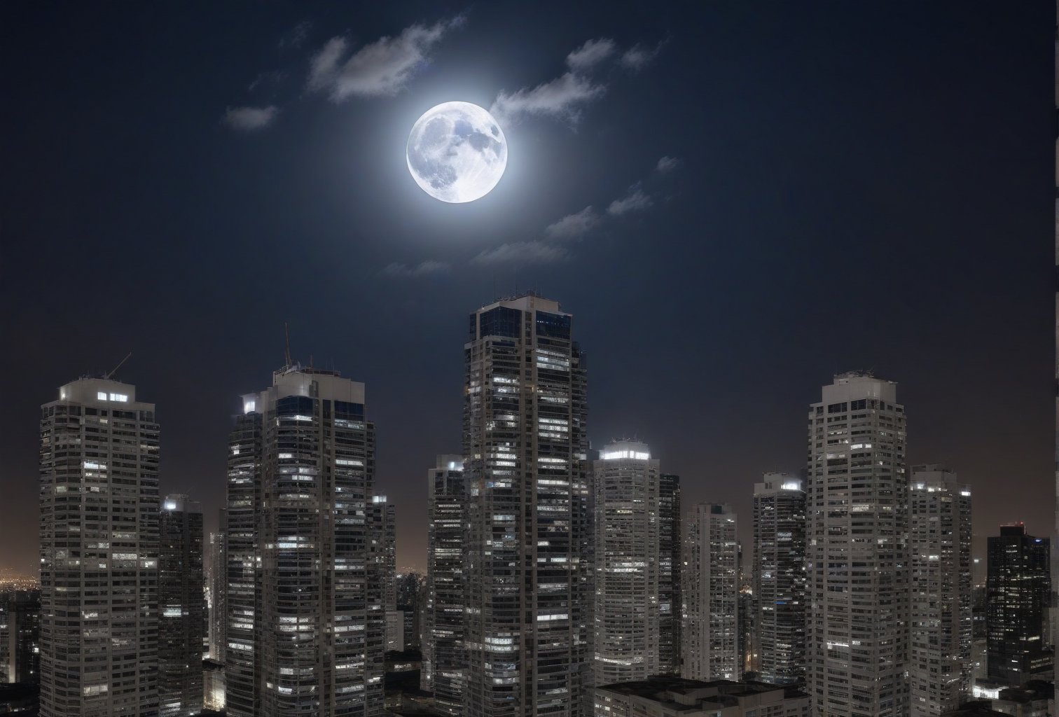 night, dark blue sky with blurry white clouds, full moon, black rectangular skyscrapers with small windows in which white light is visible, metal superstructures are visible at the tops of skyscrapers, brown cubes and a few gray cubes are visible at the base of skyscrapers, the earth is brown mud or clay