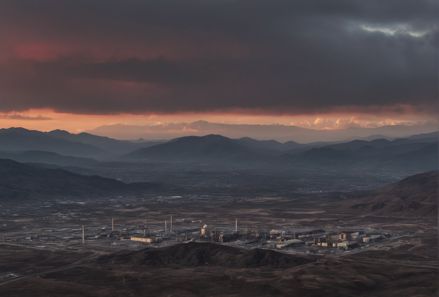 The image depicts a dramatic and industrial landscape. A thick layer of gray clouds dominates the sky, illuminated in a deep red hue from above. Amidst the clouds, a small golden sun peeks out, adding a touch of warmth to the otherwise gloomy atmosphere. In the distance, on the horizon, a range of gray mountains stretches across the landscape. Among these mountains, power plants and industrial buildings can be seen, their structures blending into the rugged terrain. Closer to the foreground, the mountains take on a darker tone, gradually transitioning to black mountains that loom in the distance. These black mountains are also dotted with power plants and industrial buildings, casting long shadows in the fading light.