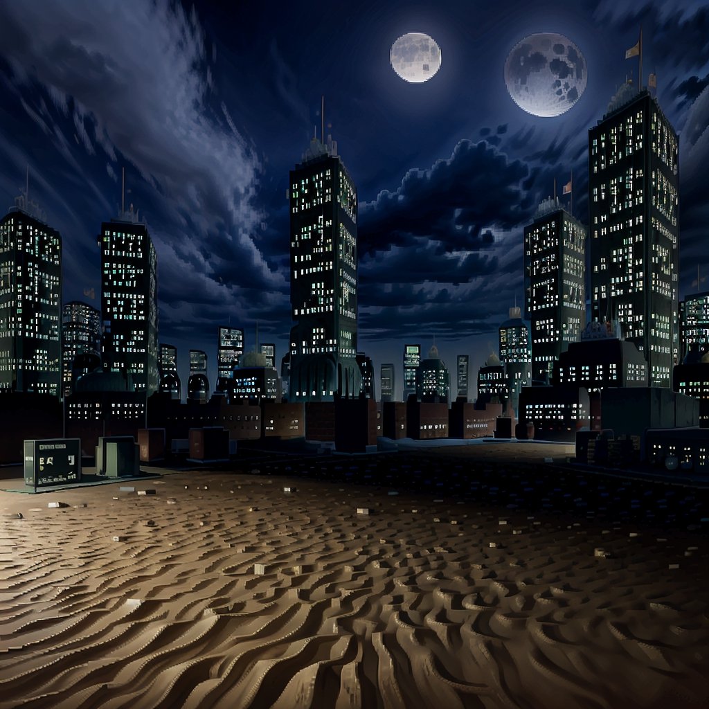 city, night, moon, sky, sand,