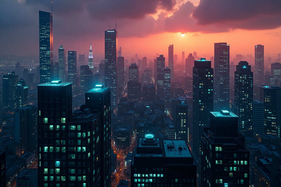 dark orange clouds illuminated by the city, purple sky, square and rectangular skyscrapers with white frequent square windows, shades of skyscraper windows light green, blue, dark blue, dark turquoise. The roofs of skyscrapers from dark squares to squares are illuminated with a dim blue square border, some skyscrapers are topped with diodes.