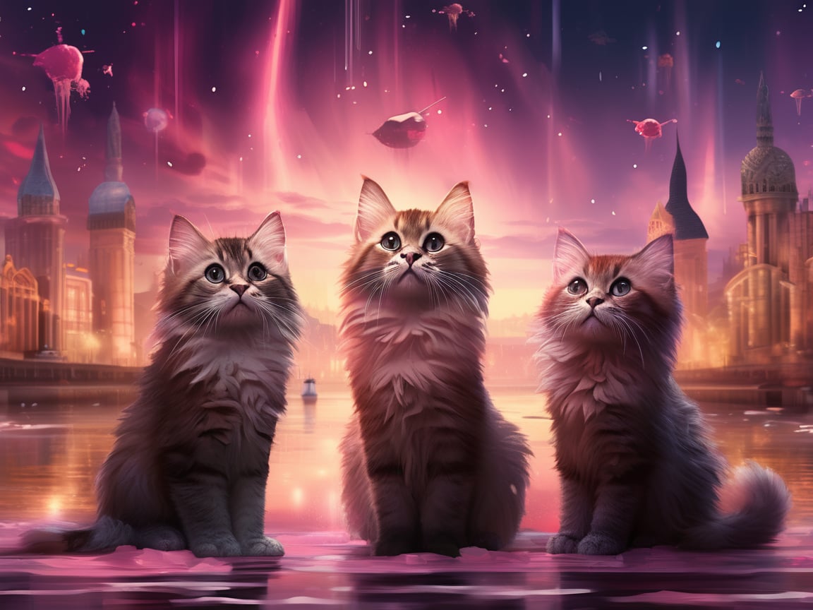 painting of A sky filled with a vibrant aurora borealis illuminating a city with grand columns while cats roam the streets and serpentine creatures swim in the oceans. Style of Cute cats and kittens with a mirror background. rosybrown, chocolate, sandybrown, darkred colors. 8K HD.