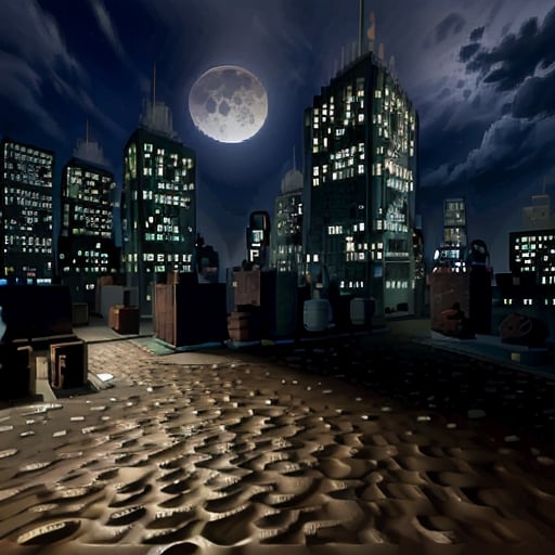 city, night, moon, sky, dirt,