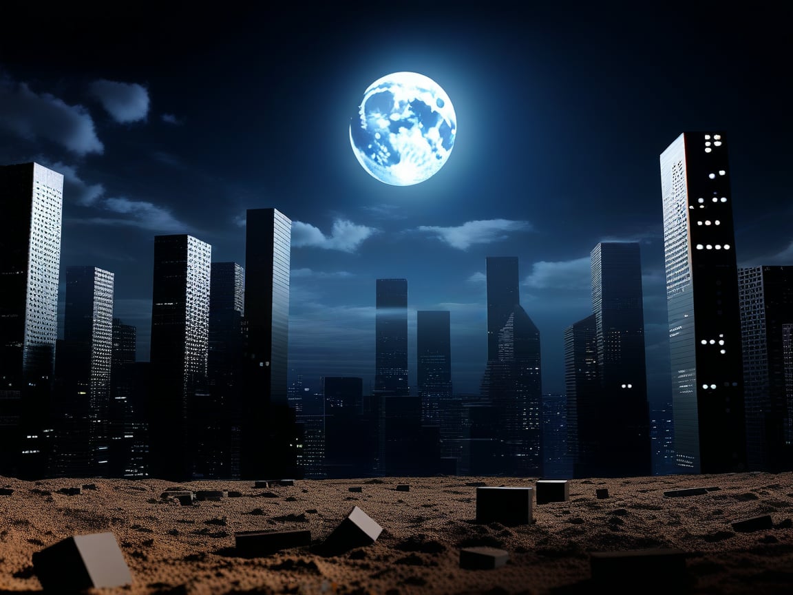 night, dark blue sky with blurry white clouds, full moon, black rectangular skyscrapers with small windows in which white light is visible, metal superstructures are visible at the tops of skyscrapers, brown cubes and a few gray cubes are visible at the base of skyscrapers, the earth is brown mud or clay