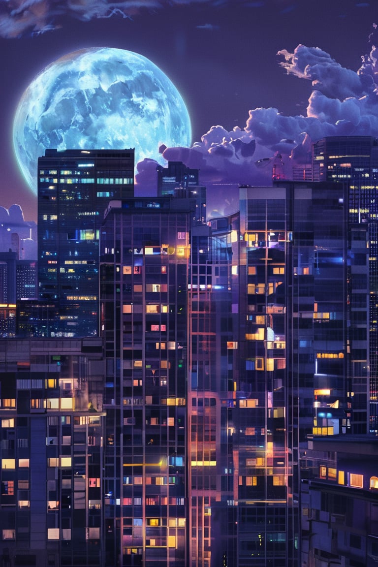 night, cloud lumened by city, bright moon, dark-gray-purple sky; sky scrapers square and rectangular skyscrapers with white frequent square windows, shades of skyscraper windows: dark blue, dark turquoise. The roofs of skyscrapers from dark squares or illuminated with a dim blue border,