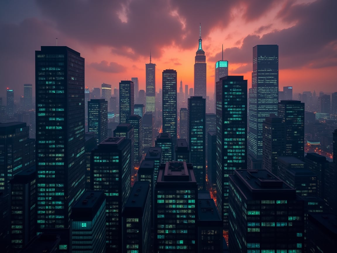 dark orange clouds illuminated by the city, purple sky, square and rectangular skyscrapers with white frequent square windows, shades of skyscraper windows light green, blue, dark blue, dark turquoise. The roofs of skyscrapers from dark squares to squares are illuminated with a dim blue square border, some skyscrapers are topped with diodes.