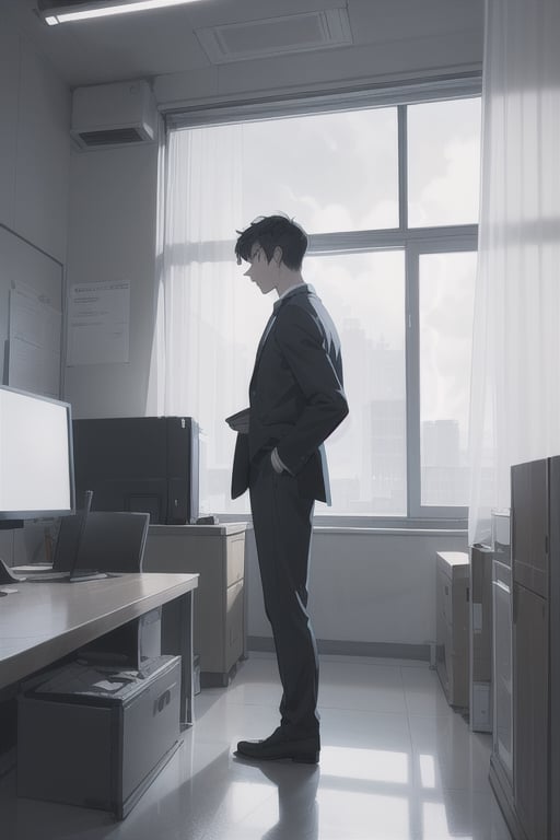 noir style detective standing in office thinking about case,  around table with compter led display,  night,  dark clouds seen throught small window with blinds