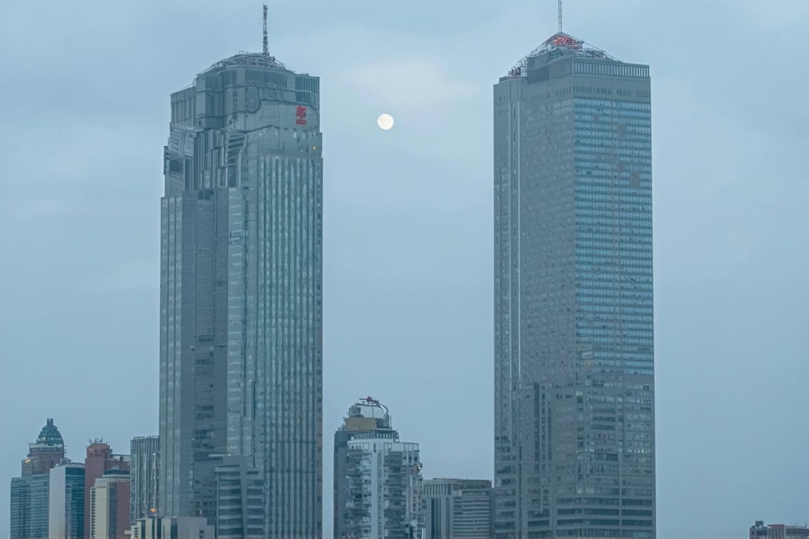 light bluish gray-light skyscrapers, sometimes with a light greenish tint, with frequent square windows, above two skyscrapers there is a red diode warning aircraft; with a dark gray sky and a clear gray sky illuminated by a bright white-blue moon