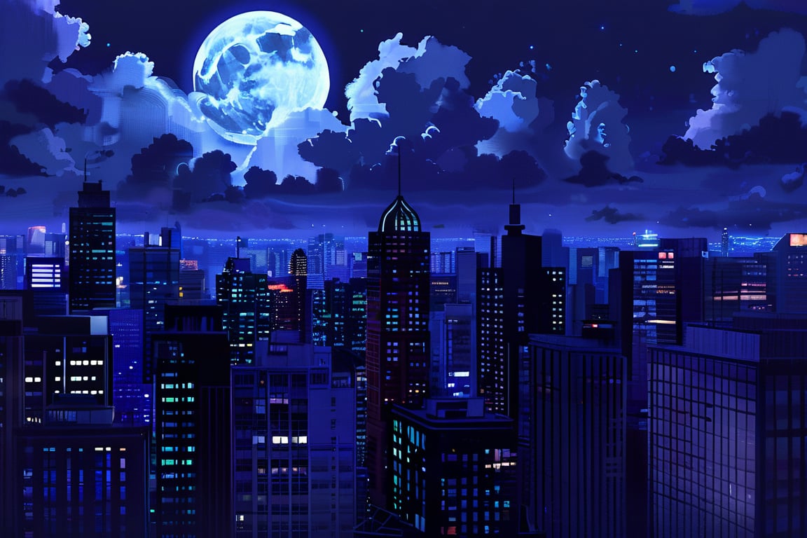 night, cloud lumened by city, bright moon, dark-gray-purple sky; sky scrapers square and rectangular skyscrapers with white frequent square windows, shades of skyscraper windows: dark blue, dark turquoise. The roofs of skyscrapers from dark squares or illuminated with a dim blue border,