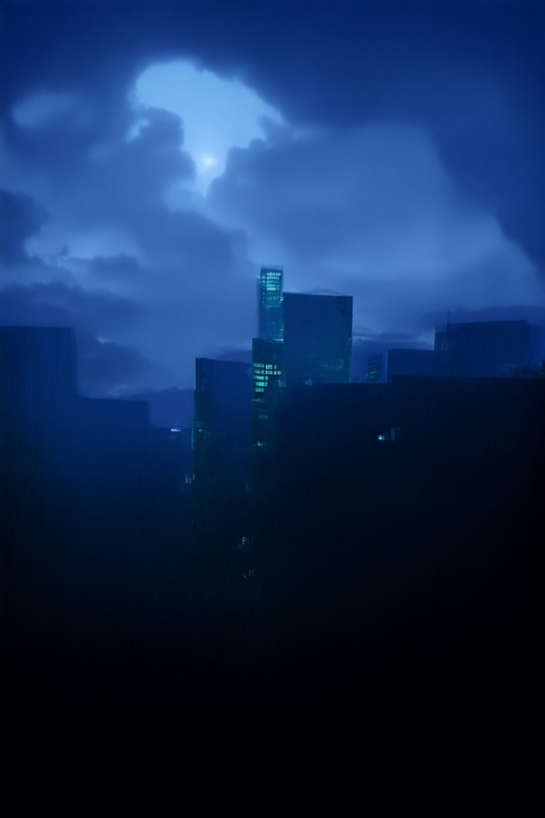 night, cloud lumened by city, bright moon, dark-gray-purple sky; sky scrapers square and rectangular skyscrapers with white frequent square windows, shades of skyscraper windows: dark green, dark turquoise. The roofs of skyscrapers from dark squares or illuminated with a dim blue border,