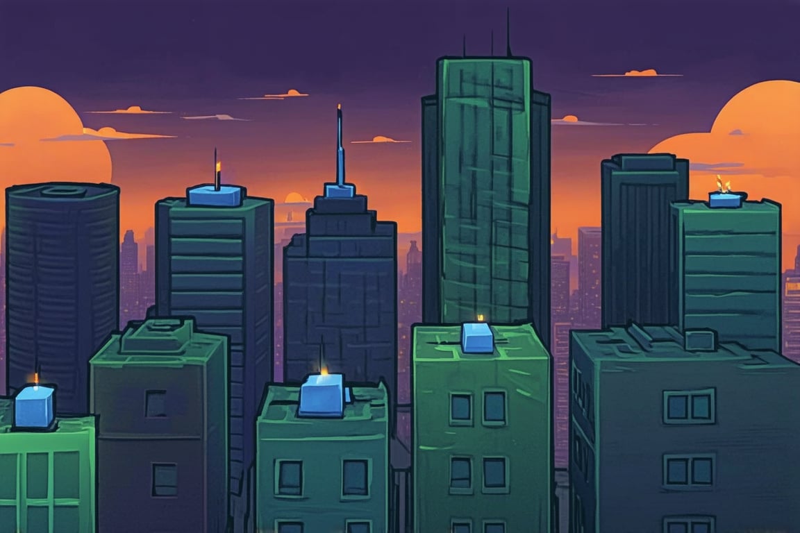 dark orange clouds illuminated by the city, purple sky, square and rectangular skyscrapers with white frequent square windows, shades of skyscraper windows light green, blue, dark blue, dark turquoise. The roofs of skyscrapers from dark squares to squares are illuminated with a dim blue square border, some skyscrapers are topped with diodes.