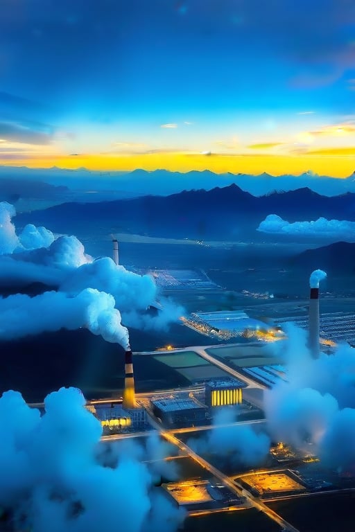 A dense layer of blue clouds illuminated in royalblue from above, a small golden sun, light gray mountains in the distance on the horizon among which power plants and industrial buildings can be seen, closer gray mountains on the horizon among which power plants and industrial buildings can be seen, black mountains on the horizon among which power plants and industrial buildings can be seen,