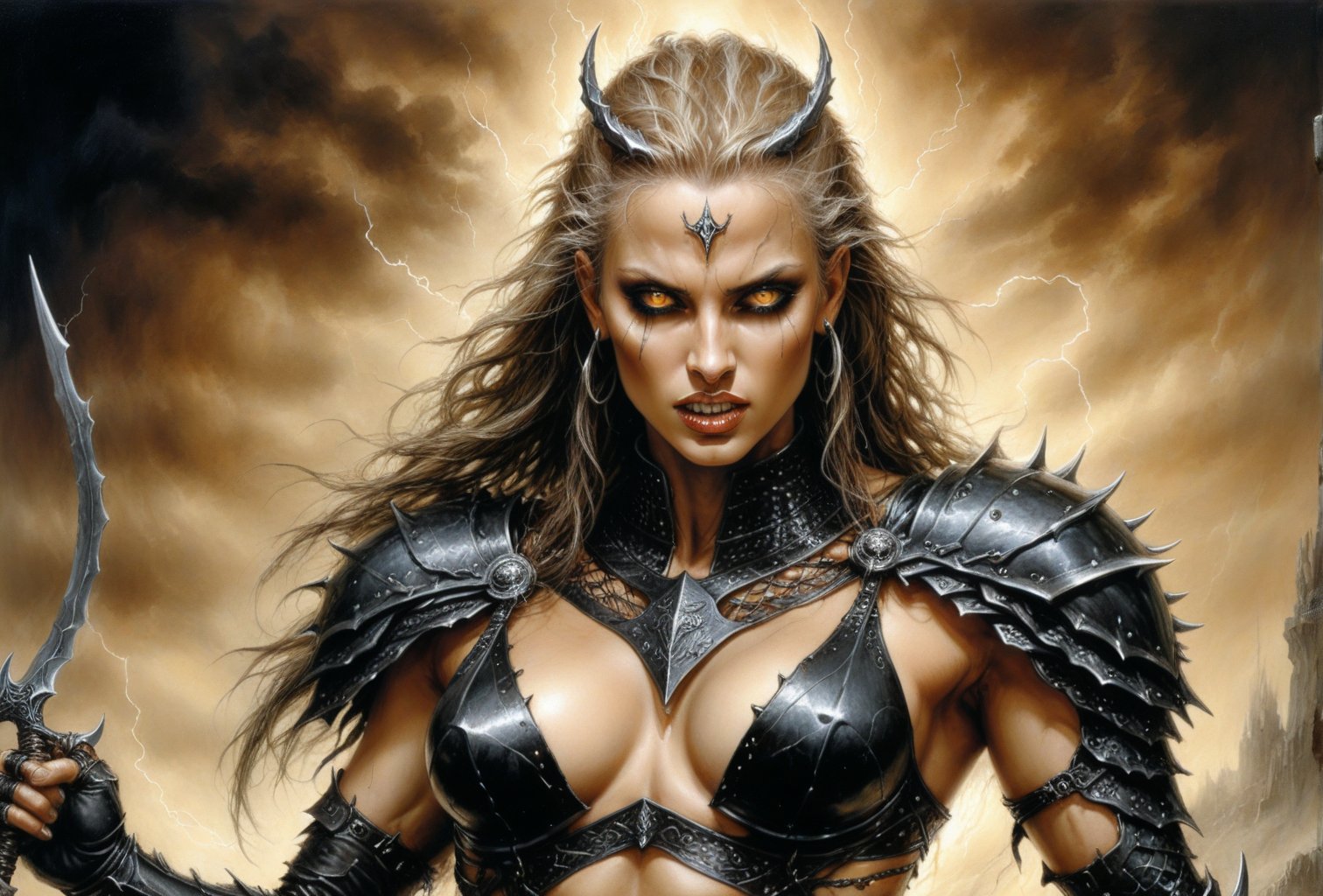 Create a portrait painting of the main antagonist of the demigod, serpentine creature with scales as black as night, glowing eyes like lightning, and razor-sharp teeth. </br> It is impossible to tell its age or gender as it is a mythological creature. Style of Medieval fantasy warrior art by Luis Royo. tan, black, tan, blanchedalmond colors. 8K HD.,r4w photo